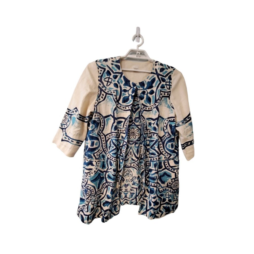Chicos jacket womens size 3 16 100% linen pockets ivory blue Bohemian